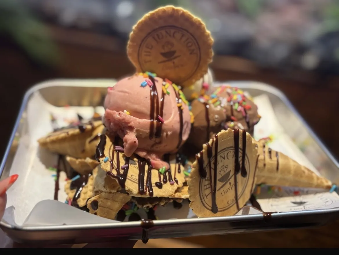 Gelato scoops with wafers in a steel tray