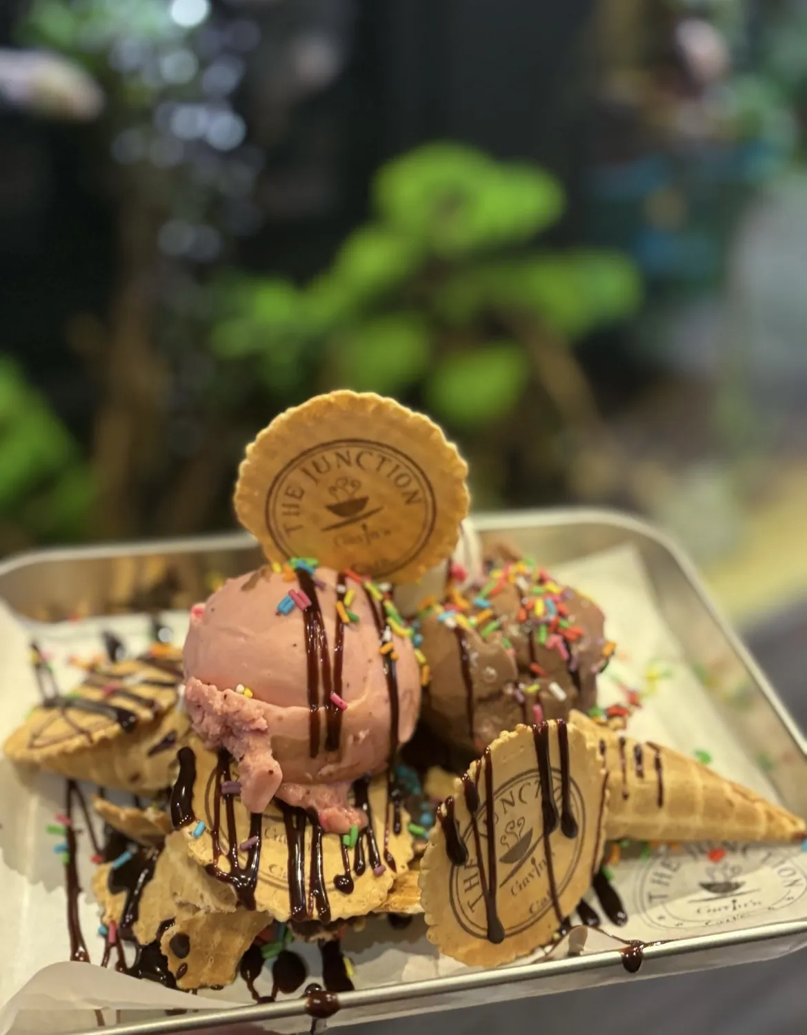 Gelato sundae with waffle cone pieces