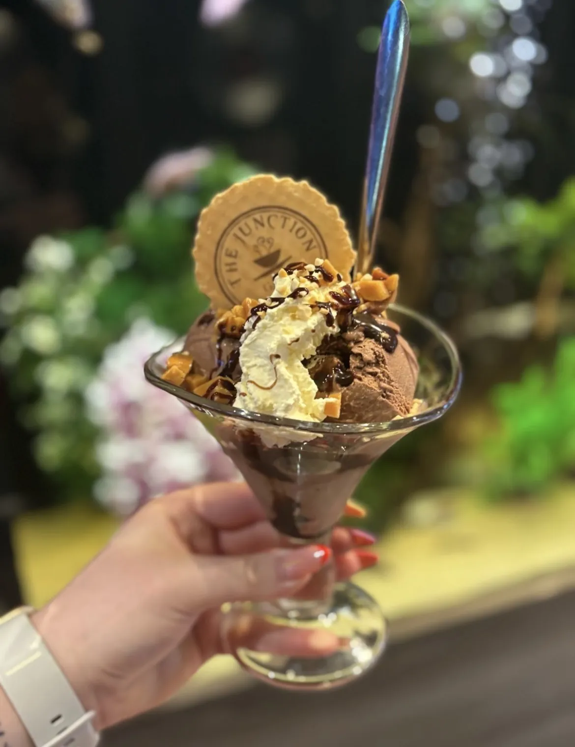 Sundae glass with gelato, sauce and a Junction wafer