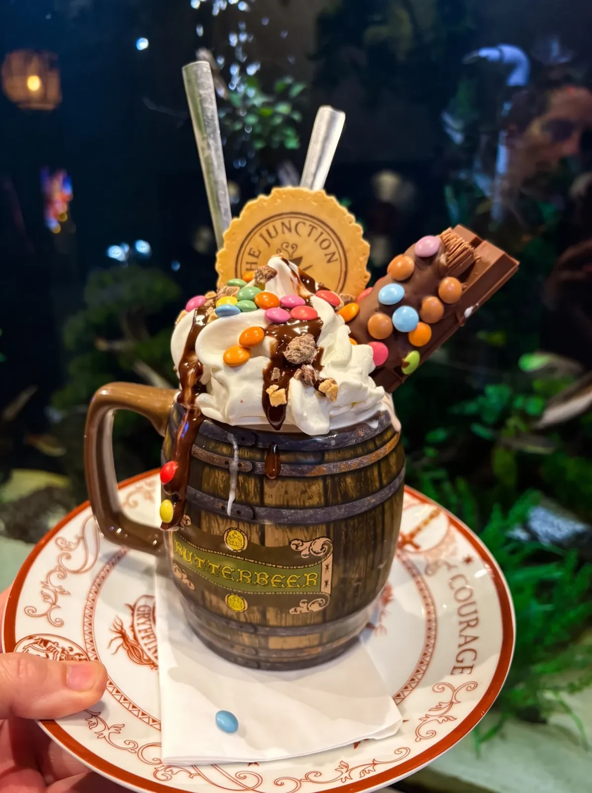 Butterbeer barrel-mug sundae with smarties and a Junction wafer