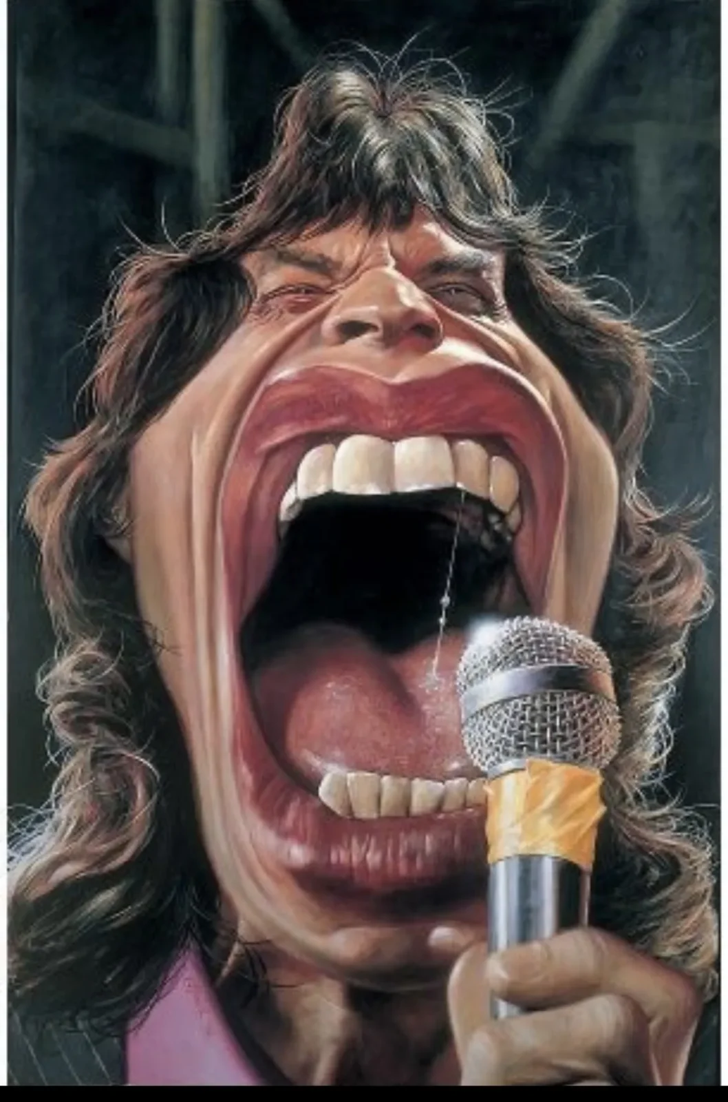 A caricature of a rock frontman mid-scream.