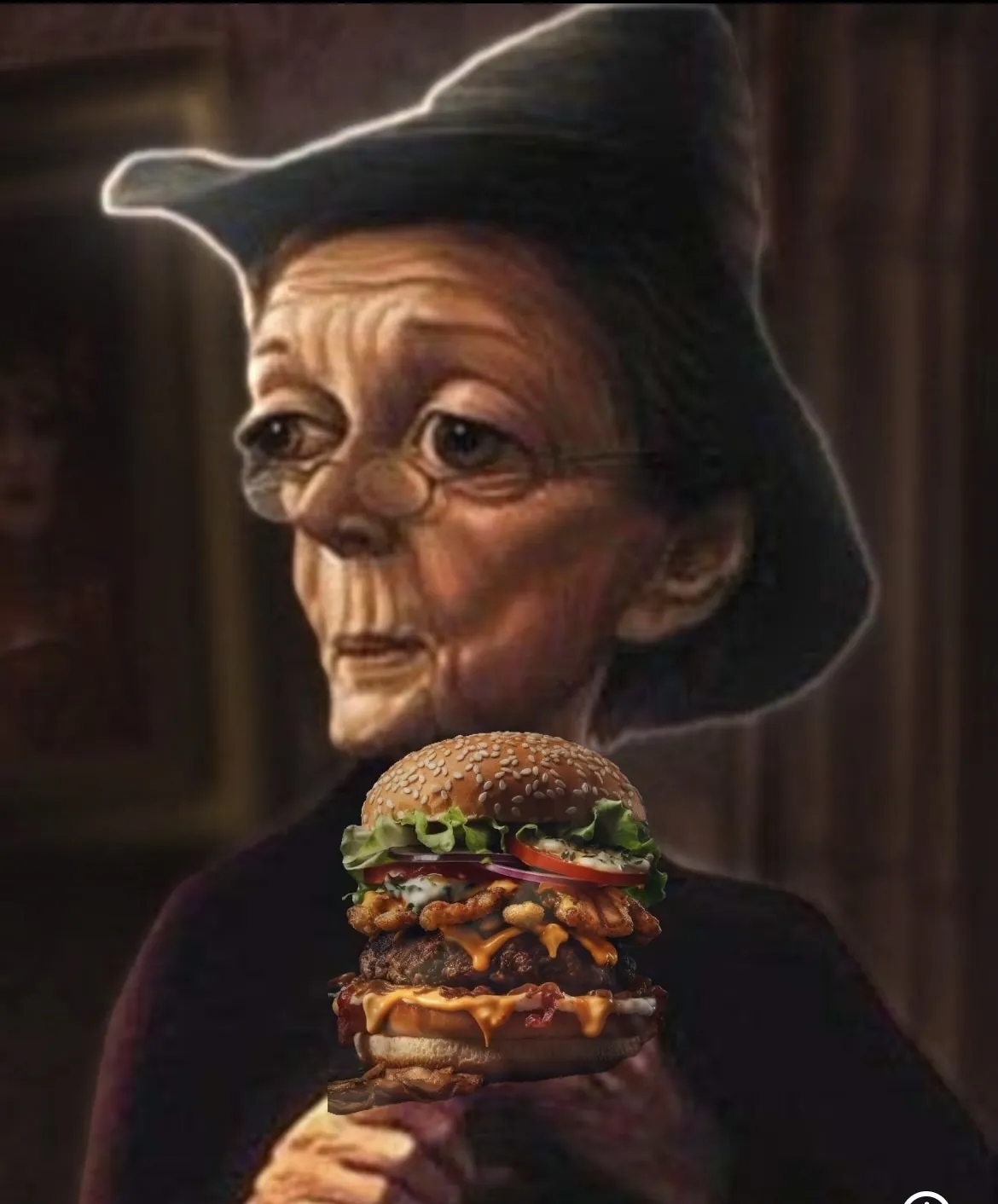 A painted professor who has swapped her wand for a burger.